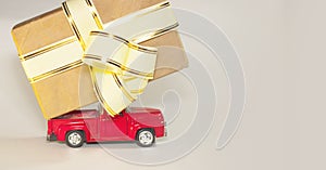 Red car, on white background, Christmas tree, gift box with ribbon