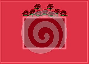 red card with glow frame on the red background, above the frame are roses, creative holiday concept, copy space