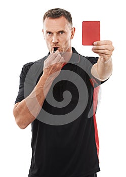 Red card, whistle and referee portrait with hand warning for soccer rules, penalty or fail in studio. Fitness coach man