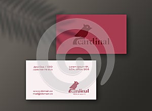 Red Cardinal Bird Modern Logo and Business Cards Template Realistic Vector Stationary Mockup Scene with Shadow Overlay