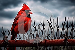 Red cardinal bird perched on a barbed wire against a stormy sky, red bird like a cardinal sitting on a fence, AI Generated