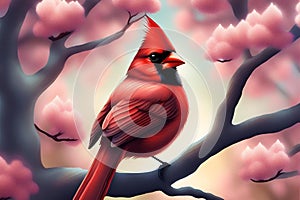 Red cardinal bird on a tree branch in the spring. Generative AI