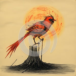 Red Cardinal Perched On Stump: Pop Surrealism Artwork