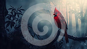 A red cardinal is sitting on a branch in the woods