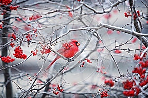 Red Cardinal sitting in a tree with Red Berries