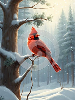 Red cardinal in the snow forest