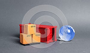 Red cargo container with boxes and blue planet earth glass ball. Business and industry, transport infrastructure.