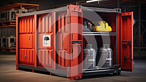 Red cargo container with LPG gas cylinders.