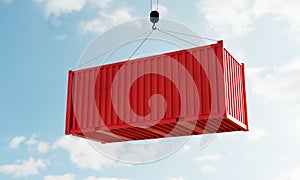 Red cargo containers with empty blank text for advertising mockup template on crane in depot warehouse with sky background.