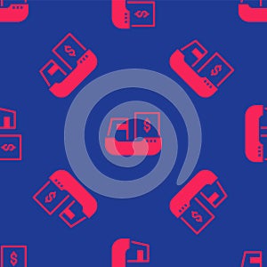 Red Cargo ship with boxes delivery service icon isolated seamless pattern on blue background. Delivery, transportation
