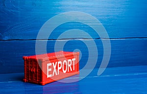 Red cargo ship container with word Export. Sale of goods to foreign markets, commercial globalization and global business.