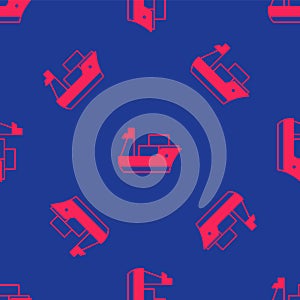 Red Cargo ship icon isolated seamless pattern on blue background. Vector