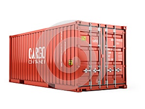 Red cargo shipping container against a white background