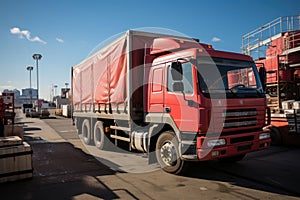 Red cargo truck on the port