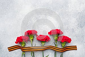 Red carnations and St. George ribbon on a concrete background. Symbol may 9, victory day Copy space