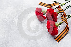 Red carnations and St. George ribbon on a concrete background. Symbol may 9, victory day Copy space