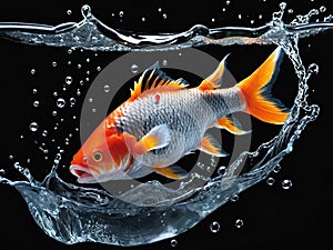 red carp in a water with bubbles on a black background