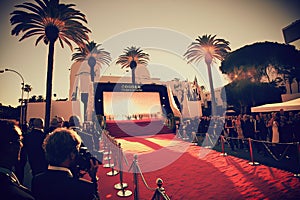 Red carpet for awards ceremony. Luxury entrance for vip stars. Created with Generative AI