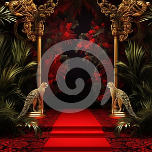 Red carpet background with jungle theme, exotic birds of paradise and cheetah print carpet