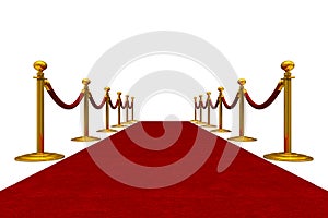 Red carpet and barrier rope on white background. Isolated 3D ill