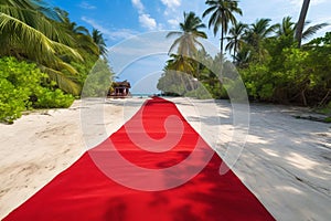 Red carpet beach sunlight. Generate Ai