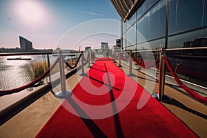 red carpet being rolled out for special event, with view of the venue visible in the background