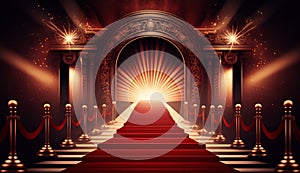 Red Carpet Bollywood Stage. Steps Spot Lights. Golden Royal Awards Graphics Background. Generative ai