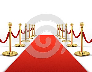 Red carpet for celebrity with gold rope barrier. Success, prestige and hollywood event vector concept