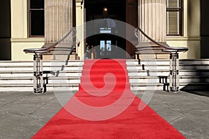 Red carpet, celebrity hotel entrance, copy space