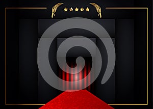 Red carpet concept background, golden frame and gold stars with black background. VIP entry