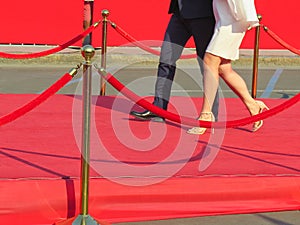 Red carpet entrance with golden stanchions and ropes. Celebrity nominees to premiere. Stars on the festive awarding of prizes