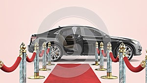 Red carpet for event from camera to lux car 3d render on color gradient