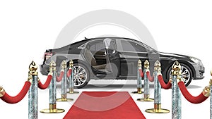 Red carpet for event from camera to lux car 3d render on white