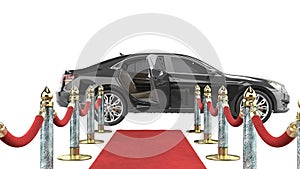 Red carpet for event from camera to lux car 3d render on white no shadow