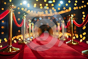 Red carpet event with golden barriers and cinema lights in background. Concept Celebrity Fashion,