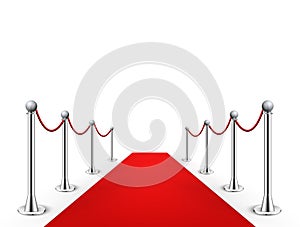 Red carpet event silver barriers background realistic vector illustration. Red carpet luxury entrance celebrity event presentation