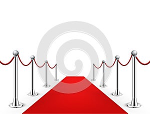 Red carpet event silver barriers background realistic vector illustration. Red carpet luxury entrance celebrity event presentation