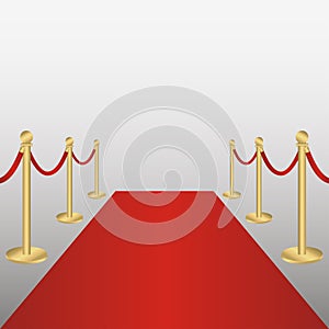 Red carpet with gold barriers rope. Corridor for VIP persons, celebrations, ceremonies, awarding. Vector.
