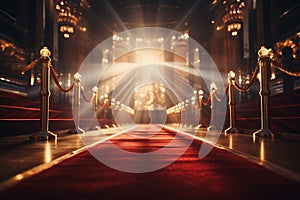 Red carpet with gold stanchions in a royal palace. 3d rendering