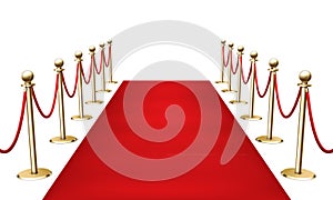 Red carpet with golden barrier fencing realistic 3d vector illustration on white background.