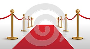 Red carpet and golden barriers realistic vector. VIP event, luxury celebration. Celebrity party entrance. Grand opening cinema