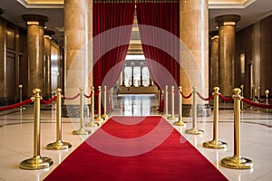 Red carpet with golden barriers and red ropes. Marking the route for celebrities, heads of state on ceremonial events, formal