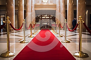 Red carpet with golden barriers and red ropes. Marking the route for celebrities, heads of state on ceremonial events, formal