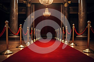 Red carpet with golden barriers and red ropes. Marking the route for celebrities, heads of state on ceremonial events, formal