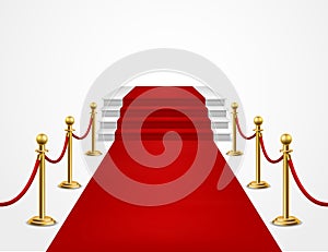 Red carpet. Grand opening, golden metal barriers and red carpet with podium for vip event, presentation celebrity awards