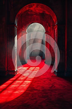 A red carpet in a hallway with archways and sunlight, AI photo
