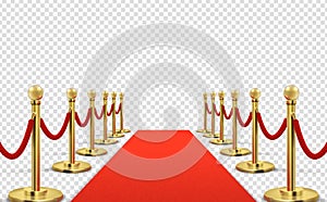 Red carpet. isolated empty red with gold stanchions. Concert barriers, vip celebrity event entrance. For awards or show