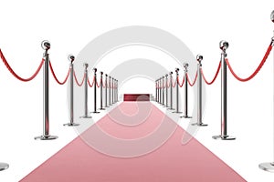 Red carpet isolated on white background. 3d rendering of silver stanchions and ropes between them