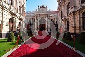 red carpet leading to the entrance of a grand building, such as a palace or cathedral