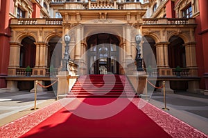 red carpet leading to the entrance of a grand building, such as a palace or cathedral